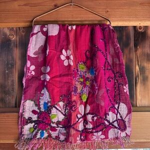Fuchsia Floral Embroidered Scarf with Fringe
